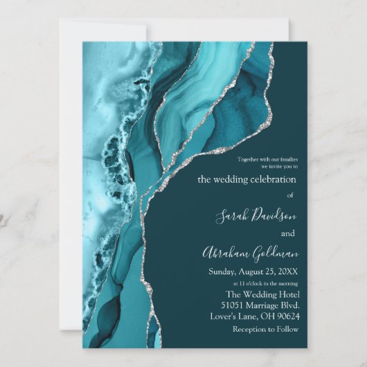 Invitation Mariage de Parties scintillant d'argent Turquoise  (Devant)