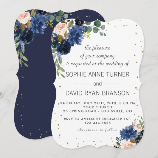 Invitation Mariage de Parties scintillant d'or floral bleu ma (Devant / Derrière)