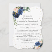 Invitation Mariage de Parties scintillant d'or floral bleu ma (Devant)