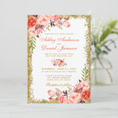 Invitation Mariage de Parties scintillant d'or Floral Coral m (Debout devant)