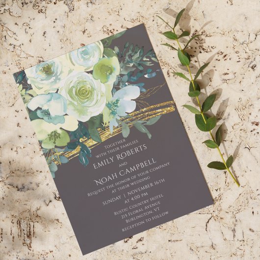 Invitation Mariage de Parties scintillant d'or Floral Vert Tu
