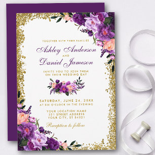 Invitation Mariage de Parties scintillant d'or floral violet 
