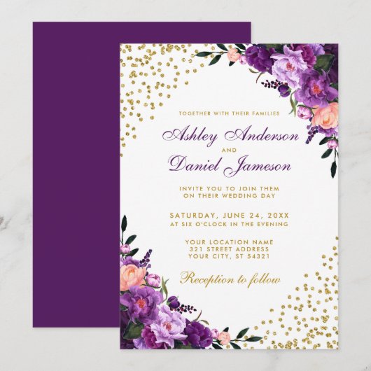 Invitation Mariage de Parties scintillant d'or floral violet  (Devant / Derrière)