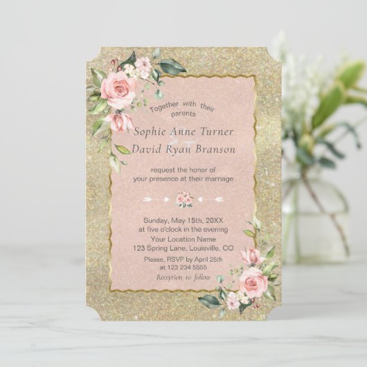 Invitation Mariage de Parties scintillant dorée rose luxueux (Debout devant)