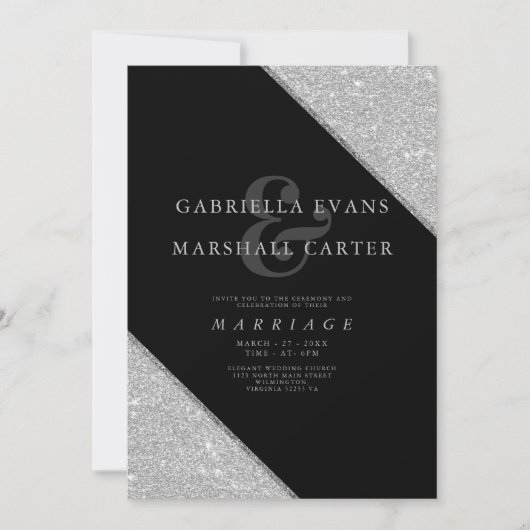Invitation Mariage de parties scintillant en argent noir géom (Devant)