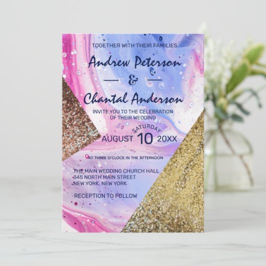 Invitation Mariage de Parties scintillant en marbre blanc ros (Debout devant)