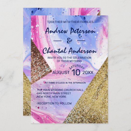 Invitation Mariage de Parties scintillant en marbre blanc ros (Devant / Derrière)