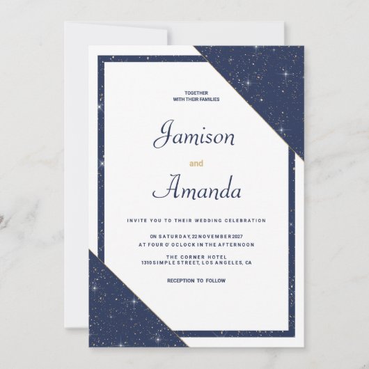 Invitation Mariage de parties scintillant en or blanc bleu ma (Devant)