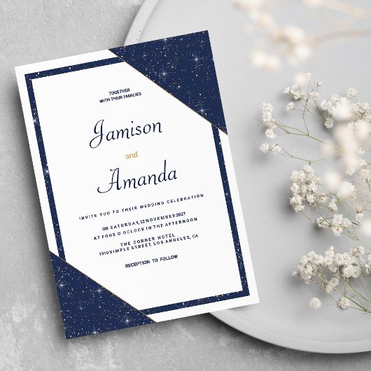 Invitation Mariage de parties scintillant en or blanc bleu ma