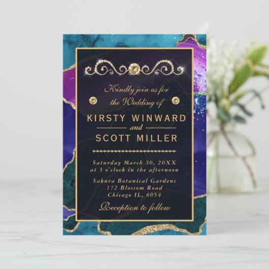 Invitation Mariage de parties scintillant en or et en agate r (Debout devant)