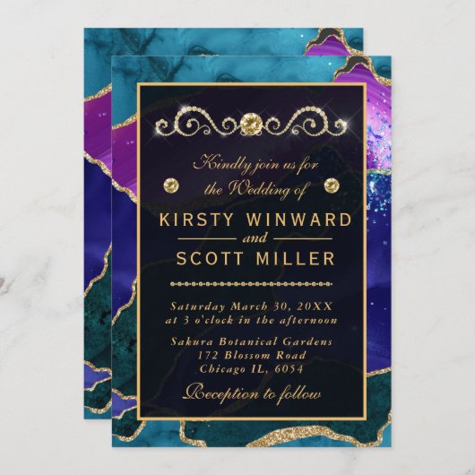Invitation Mariage de parties scintillant en or et en agate r (Devant / Derrière)