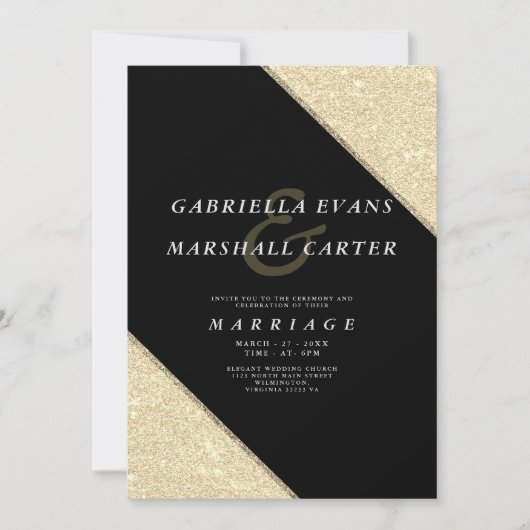 Invitation Mariage de parties scintillant en or noir géométri (Devant)