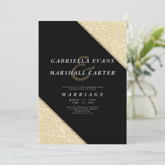 Invitation Mariage de parties scintillant en or noir géométri (Debout devant)