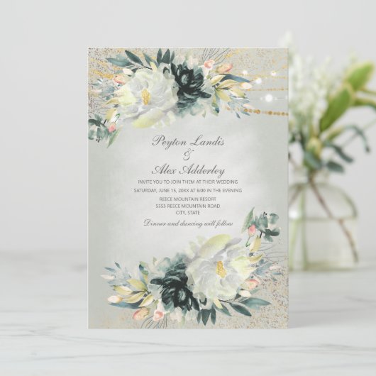 Invitation Mariage de Parties scintillant Florale blanc vert (Debout devant)