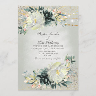 Invitation Mariage de Parties scintillant Florale blanc vert