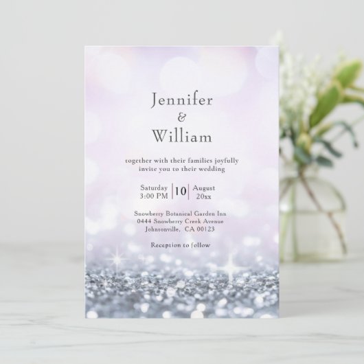 Invitation Mariage de Parties scintillant moderne Silver Purp (Debout devant)