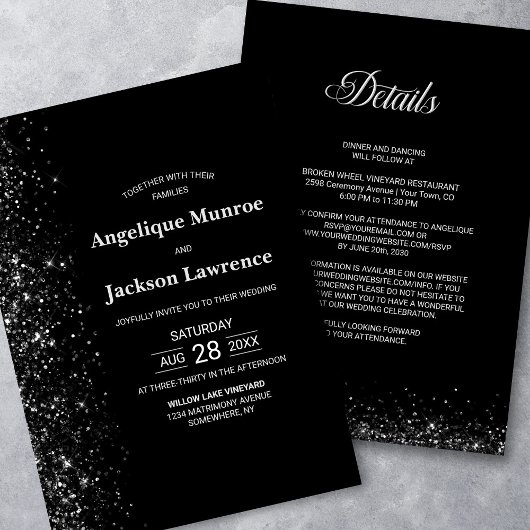 Invitation Mariage de Parties scintillant noir moderne tout e