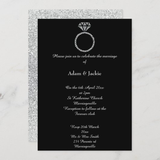 Invitation Mariage de Parties scintillant noire Luxe Diamond (Devant / Derrière)