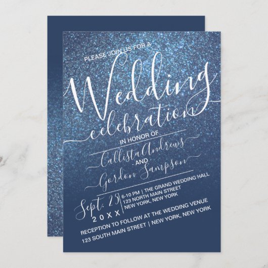 Invitation Mariage de Parties scintillant Ombre Bleu Chic Nav (Devant / Derrière)