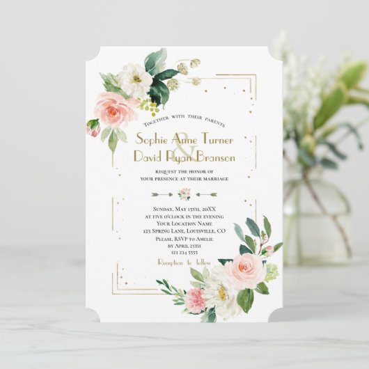 Invitation Mariage de Parties scintillant or aux fleurs blanc (Debout devant)