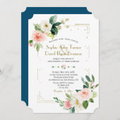 Invitation Mariage de Parties scintillant or aux fleurs blanc (Devant / Derrière)