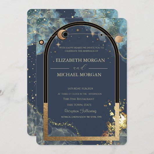 Invitation Mariage de Parties scintillant or céleste Sun Moon (Devant / Derrière)