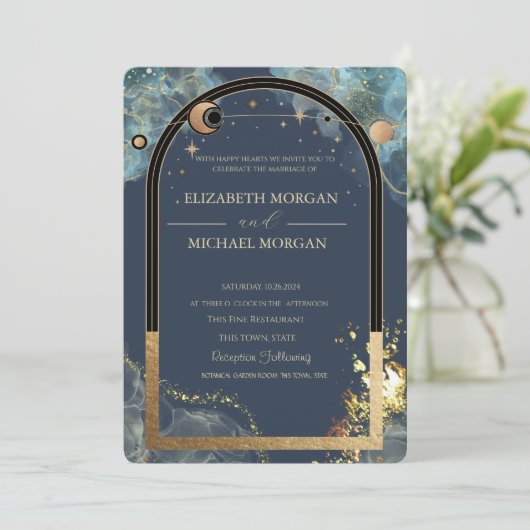 Invitation Mariage de Parties scintillant or céleste Sun Moon (Debout devant)