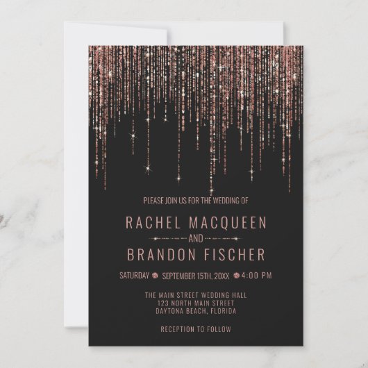 Invitation Mariage de Parties scintillant Rose  noir en or (Devant)