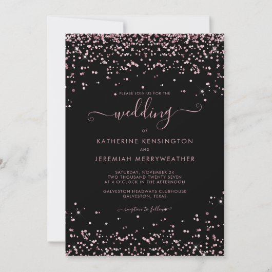 Invitation Mariage de Parties scintillant Rose noir rose or (Devant)