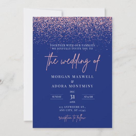Invitation Mariage de Parties scintillant Royal Blue et Rose  (Devant)