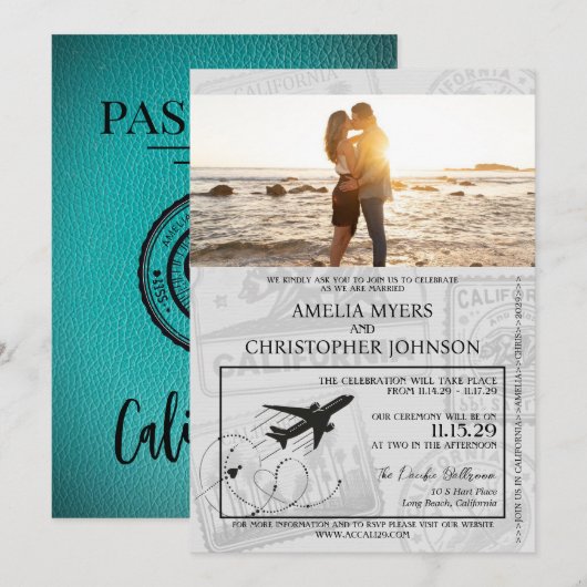 Invitation Mariage de passeport de Californie turquoise (Devant / Derrière)