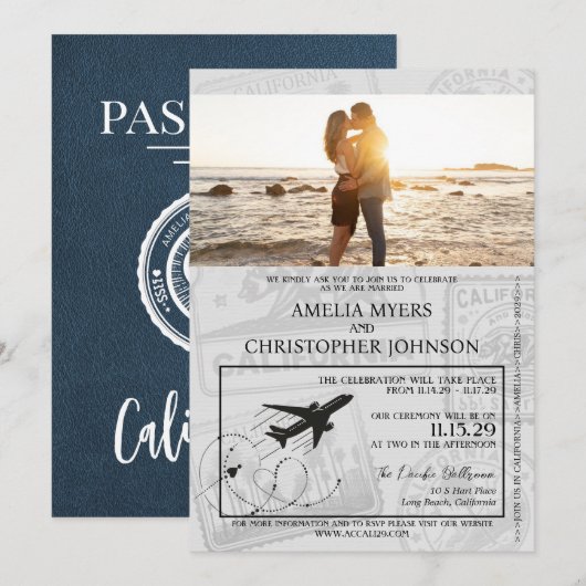 Invitation Mariage de passeport de la Marine Blue California (Devant / Derrière)