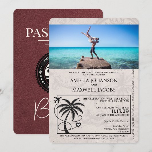 Invitation Mariage de passeport des Bahamas de Bourgogne (Devant / Derrière)