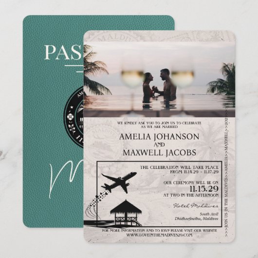 Invitation Mariage de passeport des Maldives Turquoise (Devant / Derrière)