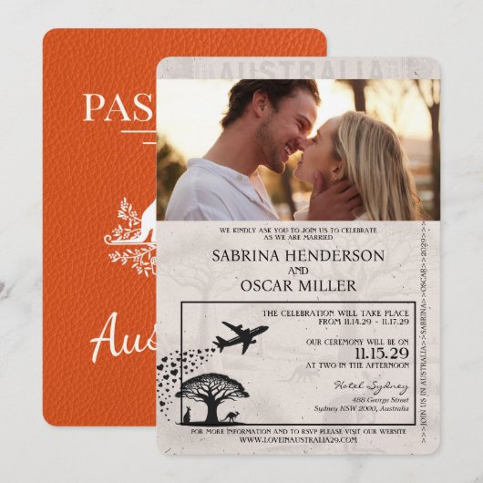 Invitation Mariage de passeport d'Orange Australie (Devant / Derrière)