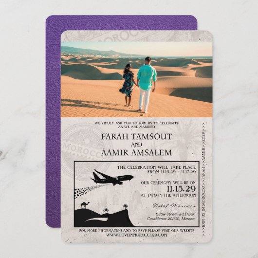 Invitation Mariage de passeport du Maroc violet (Devant / Derrière)