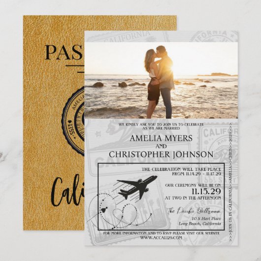 Invitation Mariage de passeport Gold California (Devant / Derrière)