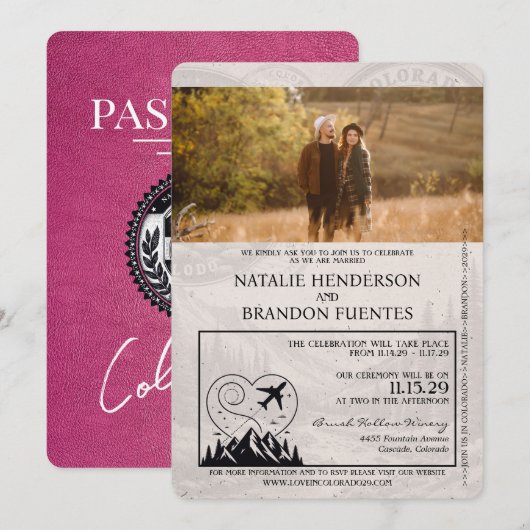 Invitation Mariage de passeport Magenta Pink Colorado (Devant / Derrière)