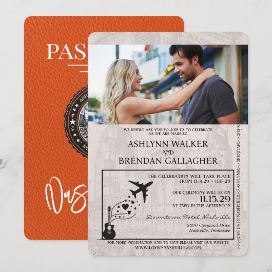Invitation Mariage de passeport Orange Nashville (Devant / Derrière)