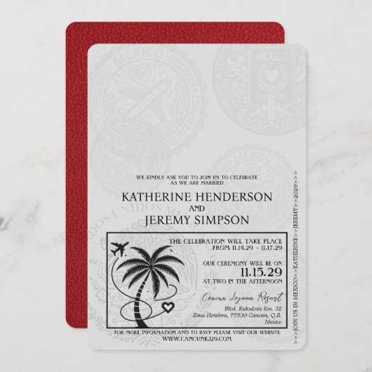 Invitation Mariage de passeport Red Cancun (Devant / Derrière)