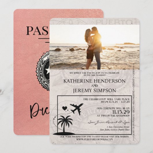 Invitation Mariage de passeport rose Gold Porto Rico (Devant / Derrière)
