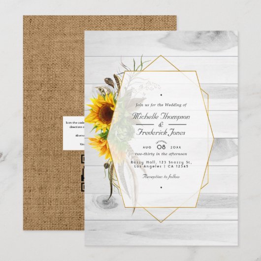 Invitation Mariage de pays de tournesol rustique avec QR Code (Devant / Derrière)