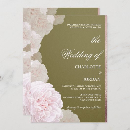 Invitation Mariage De Peine Rose Et Vert Olivier (Devant / Derrière)