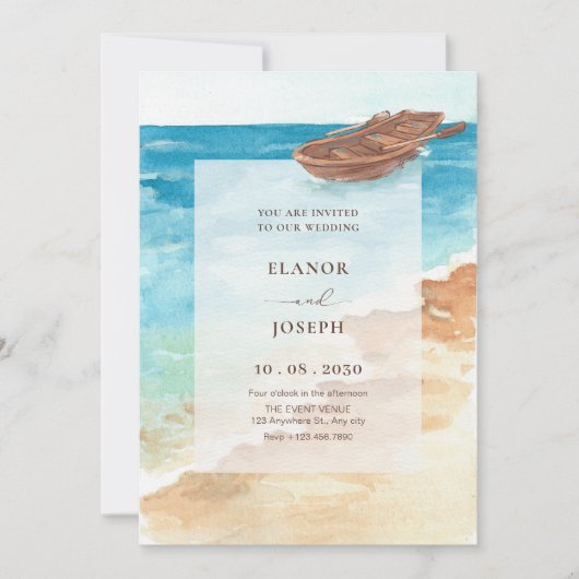 Invitation Mariage de peinture d'aquarelle bleu mer (Devant)