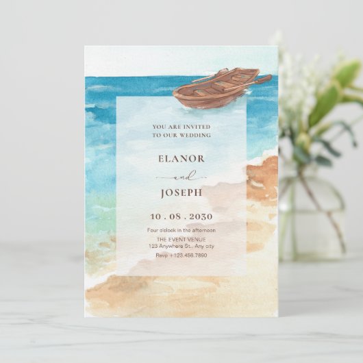 Invitation Mariage de peinture d'aquarelle bleu mer (Debout devant)