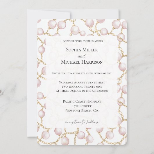 Invitation Mariage de perles de verre rose or (Devant)