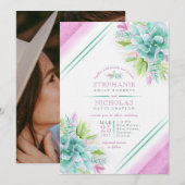 Invitation Mariage de photo couleur d'aquarelle verte violet  (Devant / Derrière)
