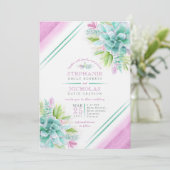 Invitation Mariage de photo couleur d'aquarelle verte violet (Debout devant)