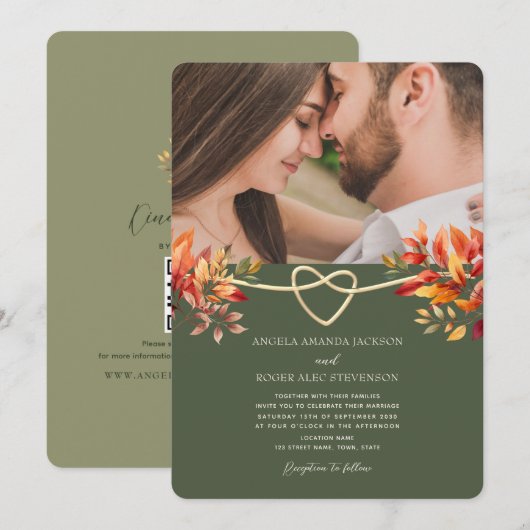 Invitation Mariage de Photo de l'Automne Rustique Vert Olive (Devant / Derrière)