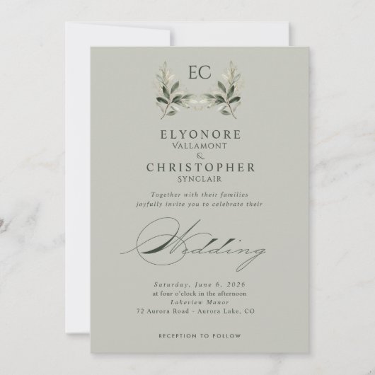Invitation Mariage de photo de monogramme de branche d'olive (Devant)